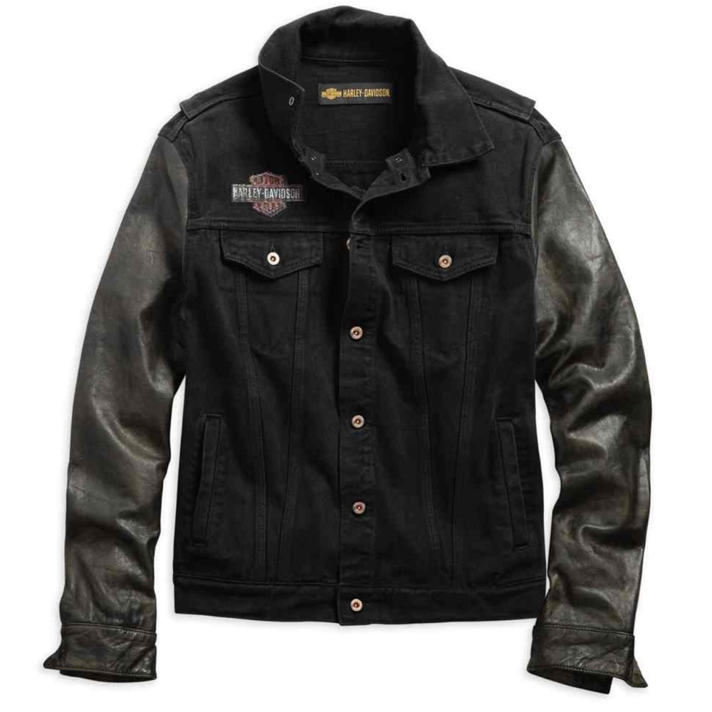 Harley-Davidson Men's Leather Sleeve Slim Fit Denim Jacket, Black 99183-19VM-3XL